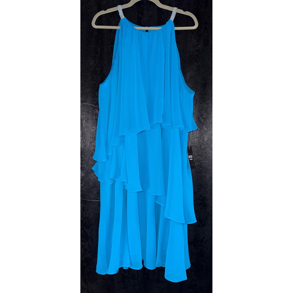 MSK Women 2X Turquoise Blue Tiered Chiffon Halter Dress Rhinestone Straps NWT